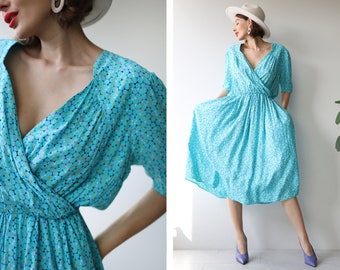 Danish Vintage blue circle print short sleeve full skirt day midi dress L