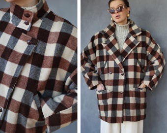 Vintage brown white plaid wool jacket coat