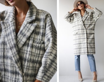 Grey white plaid wool alpaca winter midi coat S