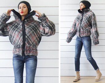 Vintage Grey Plaid Wool Mohair Silk Lined Chunky Knit Warm