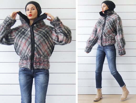 Vintage Grey Plaid Wool Mohair Silk Lined Chunky Knit Warm
