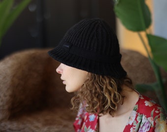 DIESEL vintage black wool knit short brim bucket panama hat