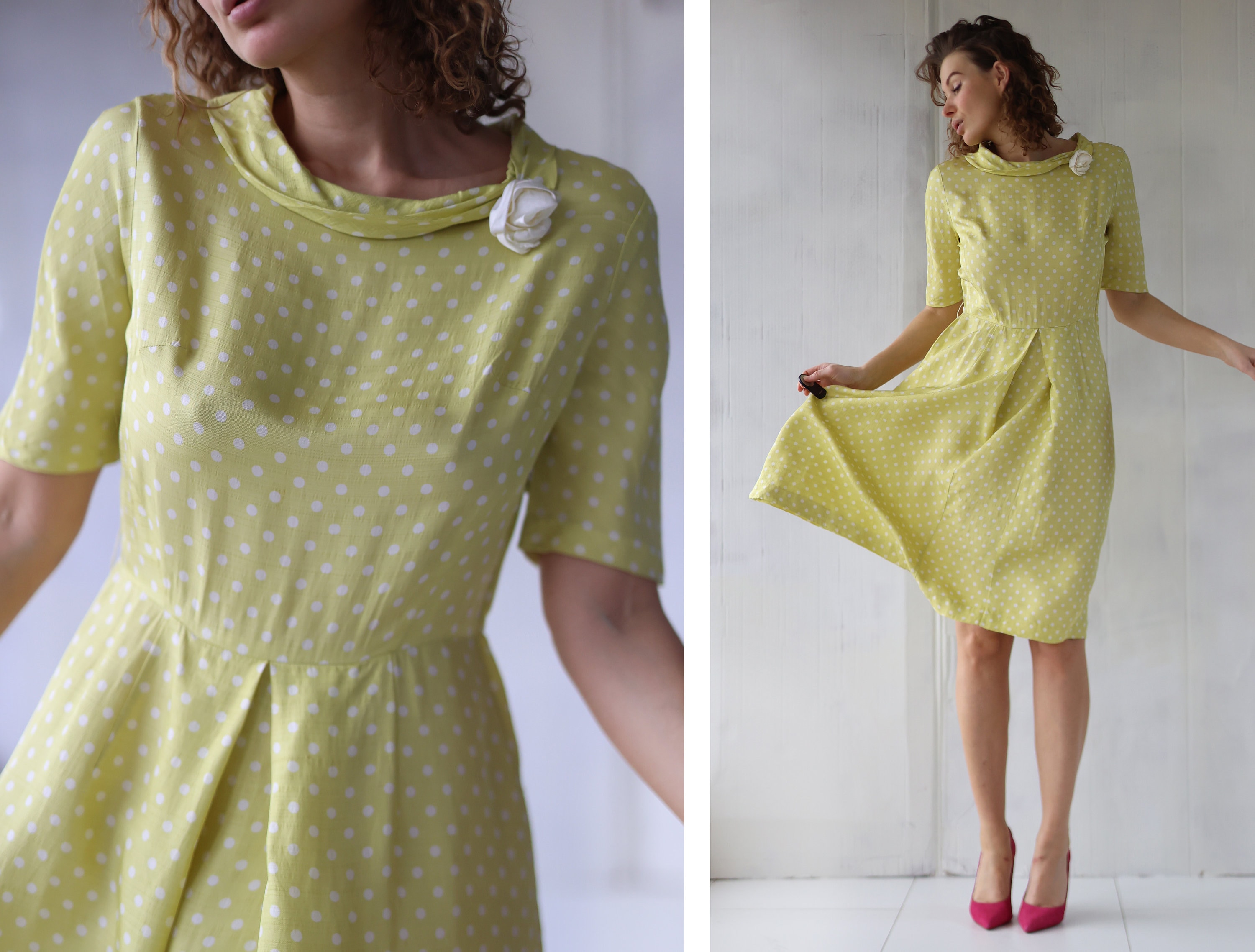 Vintage Yellow White Polka Dot Short Sleeve Knee Length Midi