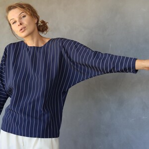Vintage blue white striped batwing sleeve blouse top