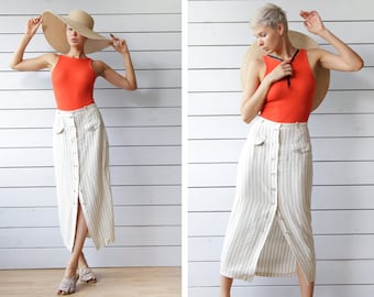 Vintage beige white vertical striped linen viscose button down ankle length high waist pencil midi skirt S