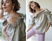 Vintage soft soft grey real leather off shoulder blouse top