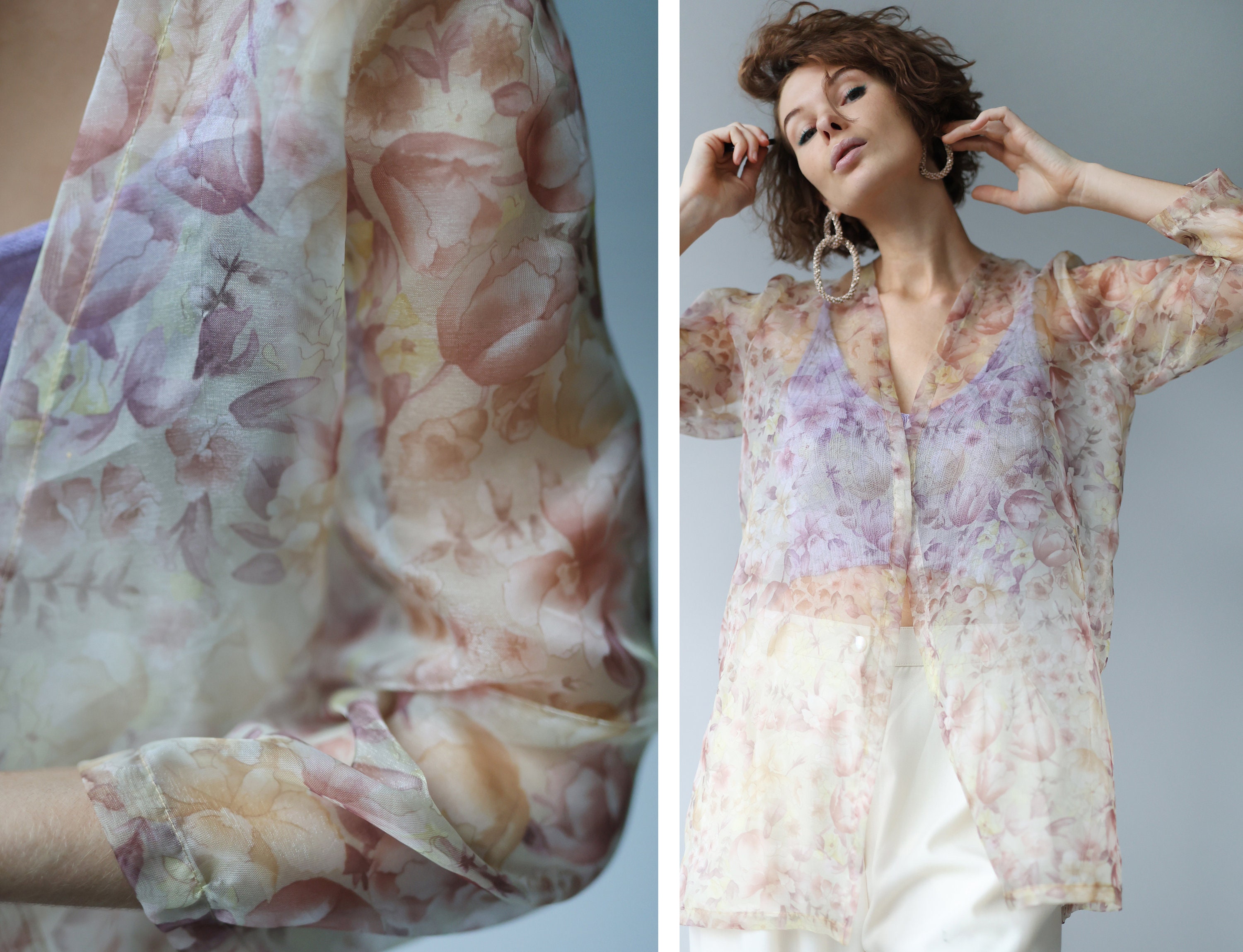 Vintage Sheer Floral Long Sleeve Organza Open Blouse Top Vintage Sheer Floral Long Sleeve Organza Open Blouse Top