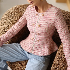 Vintage pink white plaid preppy slim fitted peplum waist blazer XS