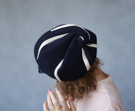 Vintage blue white rhinestone wool felt lady's hat - image 3