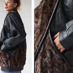 Veste d'hiver longue vintage en cuir véritable gris marron avec fourrure