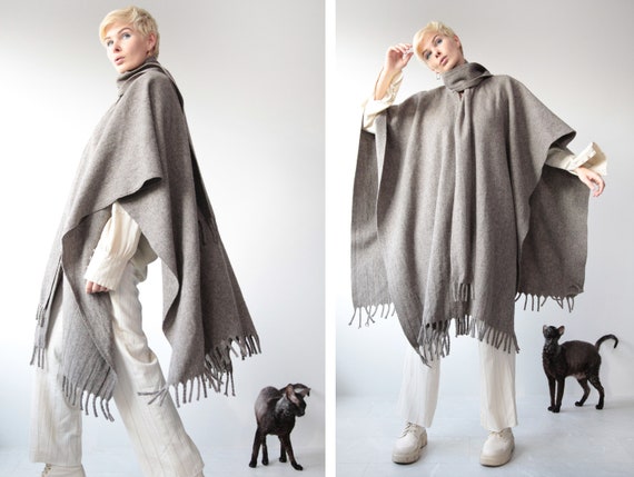 Vintage grey thick wool blanket cape coat poncho