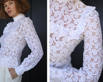 Vintage white semi sheer lace long sleeve blouse top XS S