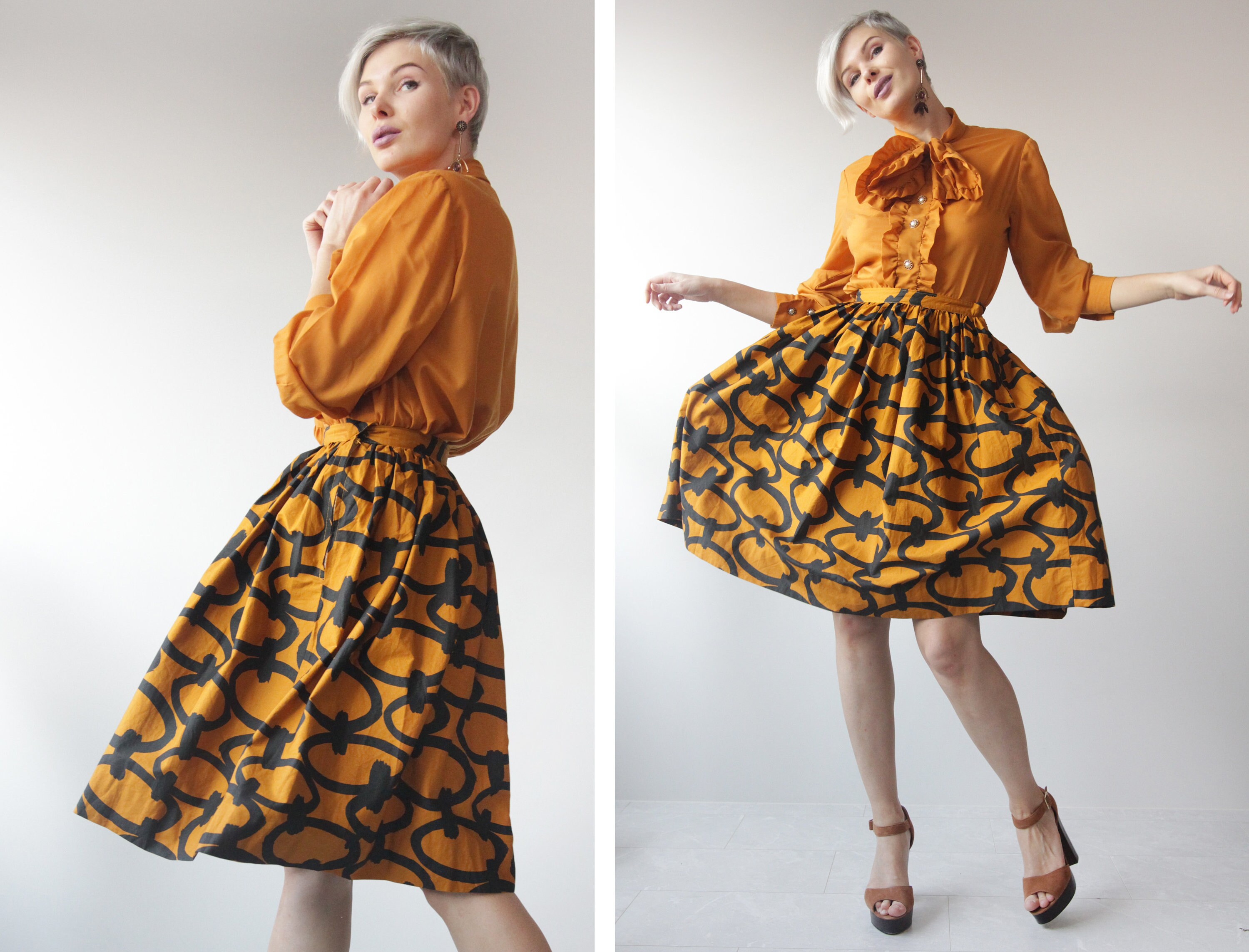 Vintage yellow caramel brown black cotton extra full pleated knee length flared midi skirt XS