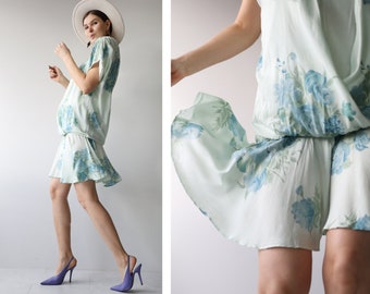 80s Danish vintage blue flower print drop waist full skirt short sleeve mini dress XS S