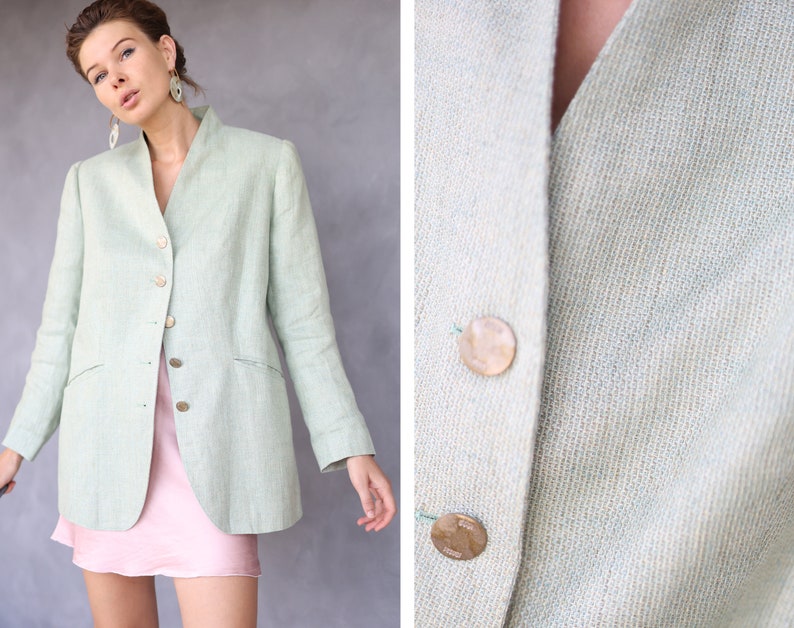 Vintage light green simple chic minimalist blazer jacket M image 2