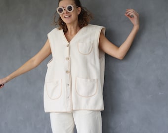 Débardeur vintage sans manches en coton blanc crème