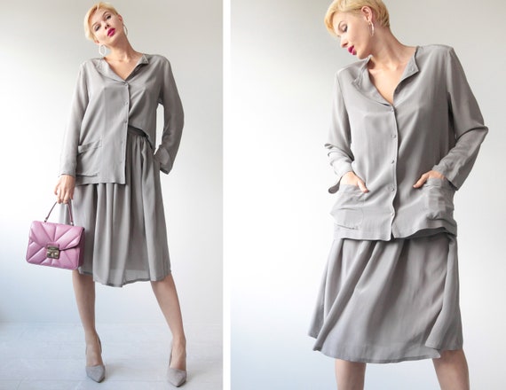 Vintage grey pure silk two piece full flared midi