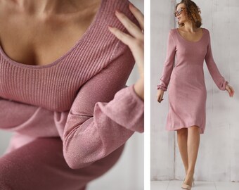 Vintage semi sheer shiny pink knitted long sleeve midi dress S