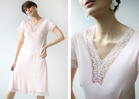 Soviet vintage pink nylon lace trim night dressing