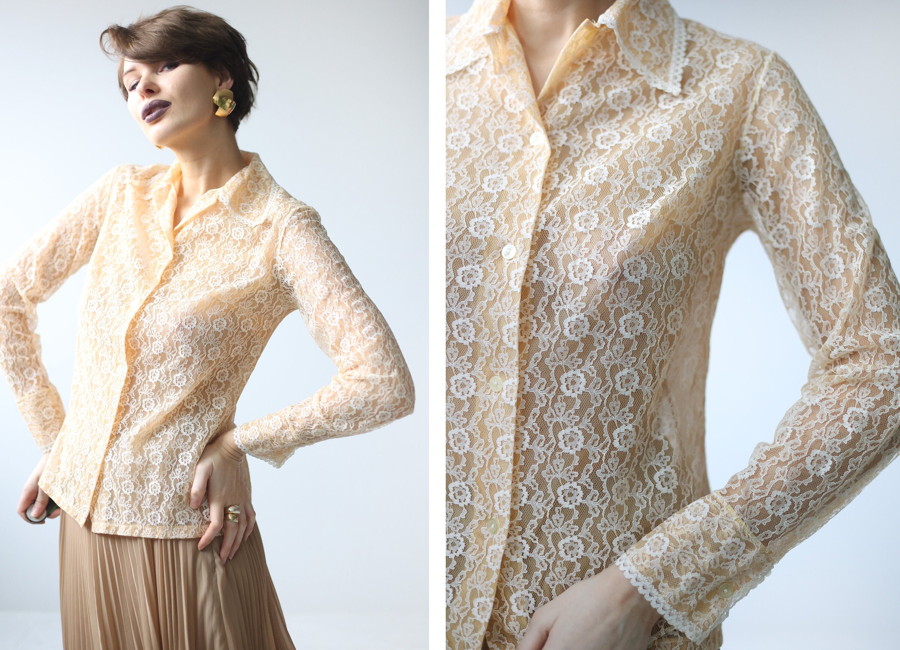 【返品?交換対象商品】 Lace Sheer Semi Beige Vintage Soviet Guipure Sleeve Long トップス