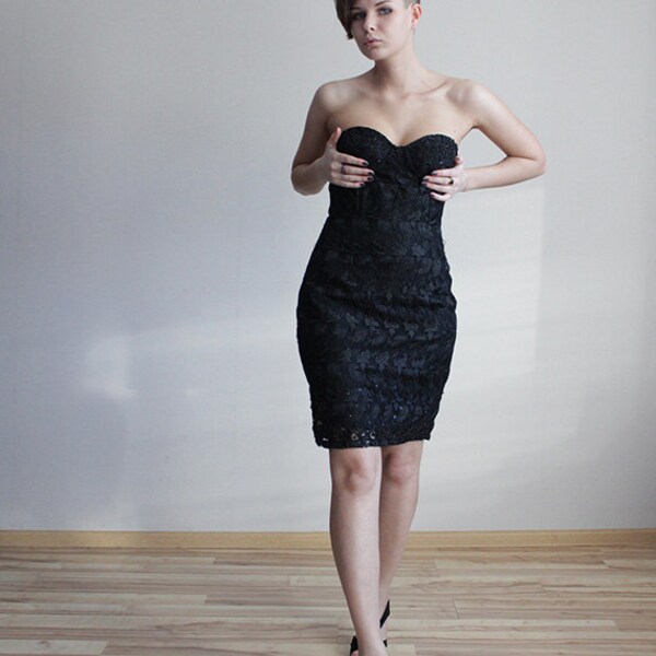 Black lace and embroidery bustier dress