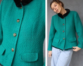 Spanish Vintage thick green woven wool faux fur collar winter blazer jacket