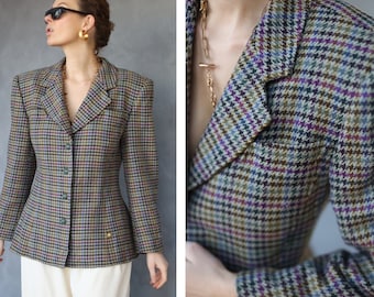 AIGNER Vintage beige houndstooth plaid wool single breasted power suit jacket blazer M