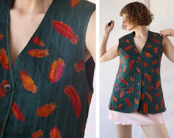 Vintage quilted green feather print cupro unisex sleeveless vest top