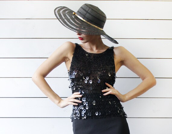 Vintage black sequin crochet mesh sleeveless eveni