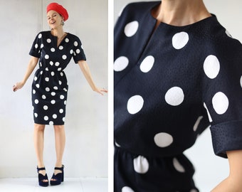 AKRIS Swiss Vintage black white polka dot cotton short sleeve midi dress