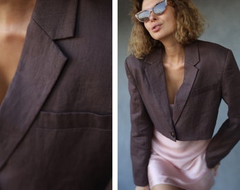 Vintage brown linen cropped blazer top