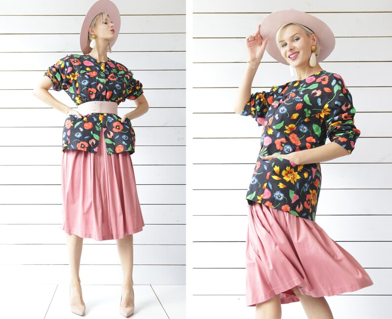 Vintage black colorful floral print cotton long sleeve button up shirt blouse top L XL