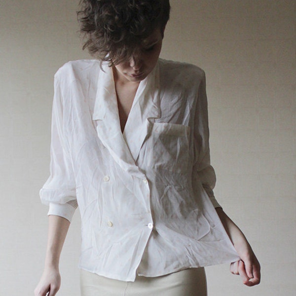 r e s e r v e d White polka dot sheer chiffon double breasted blouse