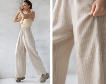 Italian Vintage beige white striped linen high waist wide leg palazzo trousers pants