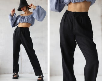 Pantalones vintage de pierna cónica de lino negro L