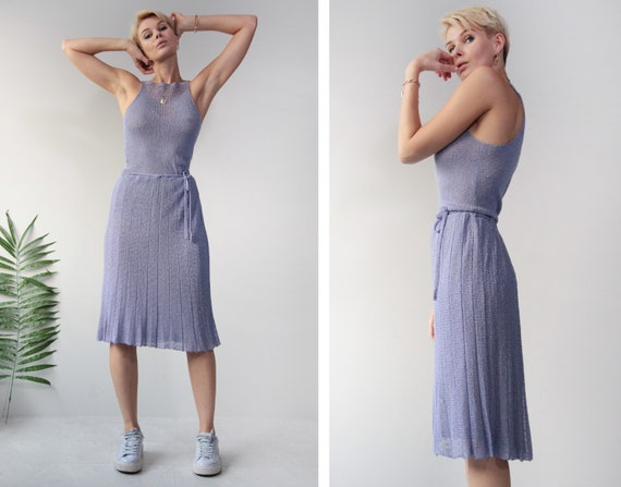 Vintage blue semi sheer crochet lace sleeveless su
