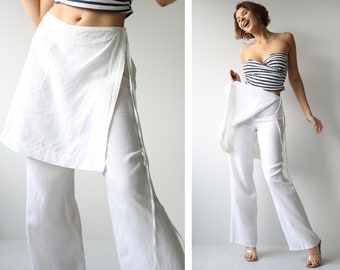 Vintage white linen layered wide leg palazzo trousers skirt pants XS