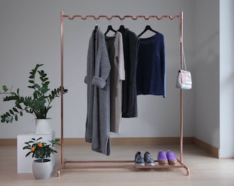 Handmade minimalist industrial interior pure copper rose gold tone designer display frame rack wardrobe storage stand clothing hanger rail