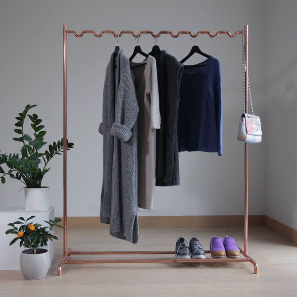 Handmade minimalist industrial interior pure copper rose gold tone designer display frame rack wardrobe storage stand clothing hanger rail