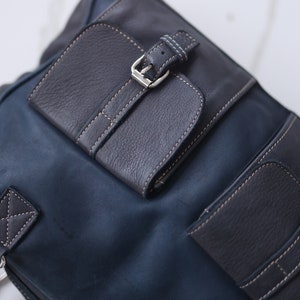 Vintage blue black leather large holdall travel sports unisex men women duffle bag image 5