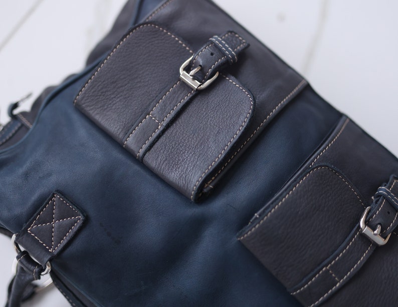 Vintage blue black leather large holdall travel sports unisex men women duffle bag image 5