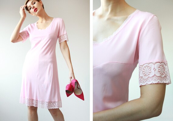 Soviet vintage pink nylon lace trim night dressing