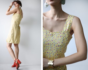 Vintage yellow tiny floral print viscose simple summer mini dress S