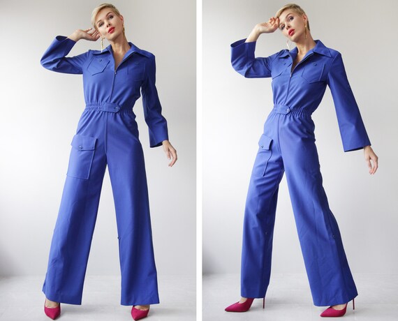 70s vintage blue front zip wide leg one piece util