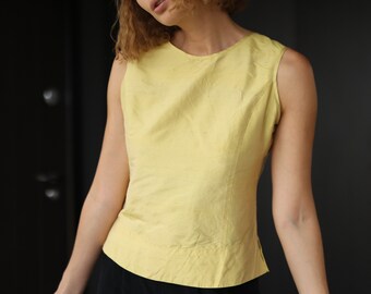 Vintage yellow pure silk simple sleeveless blouse top S