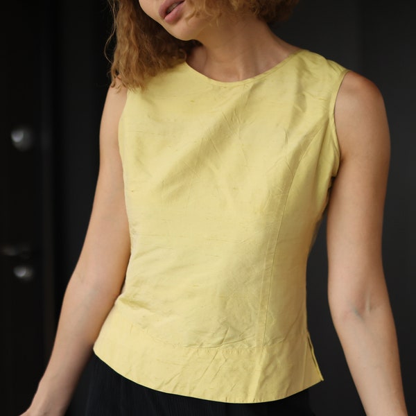 Vintage yellow pure silk simple sleeveless blouse top S