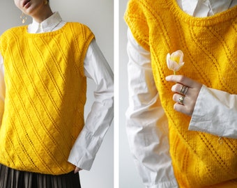 Vintage amarillo lana punto sin mangas suéter unisex chaleco top