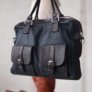 Vintage blue black leather large holdall travel sports unisex men women duffle bag image 1