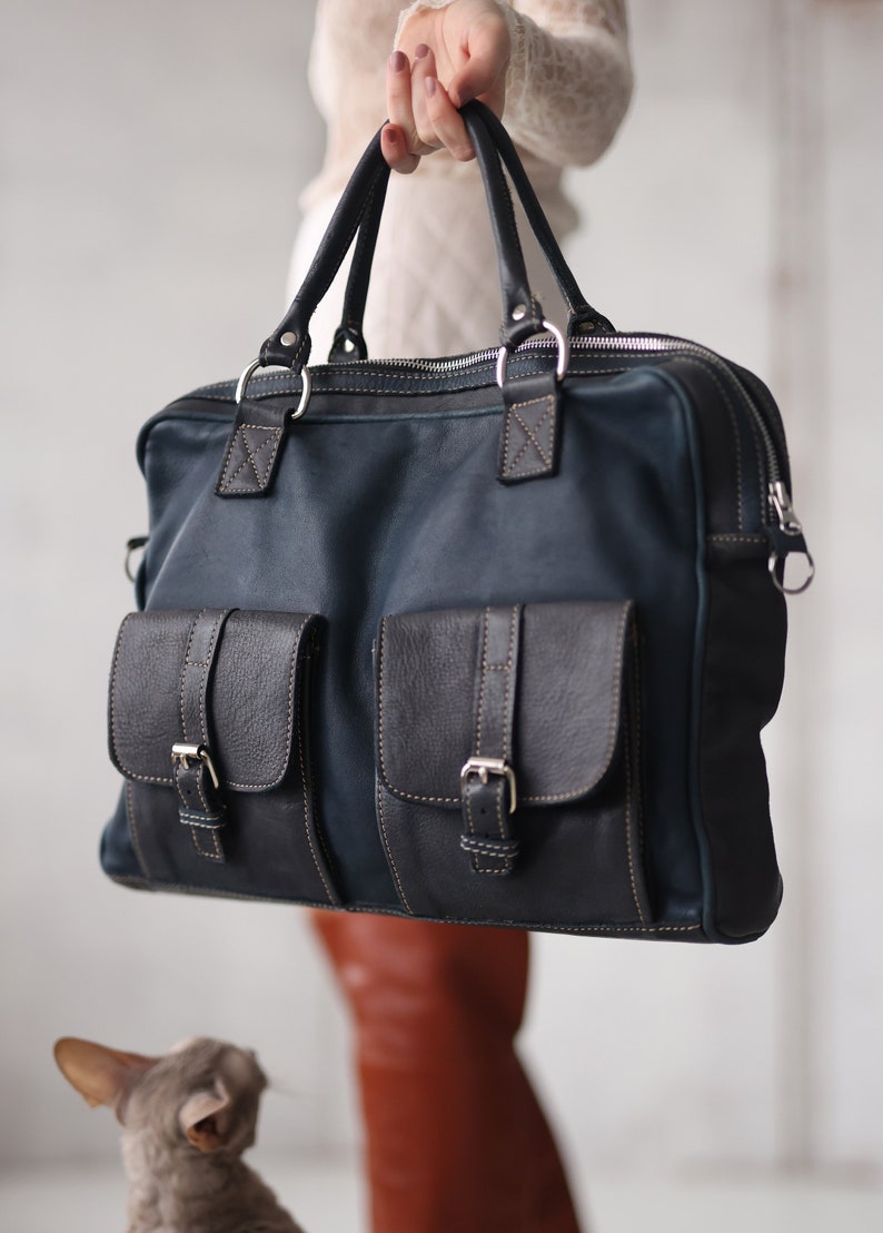 Vintage blue black leather large holdall travel sports unisex men women duffle bag image 1