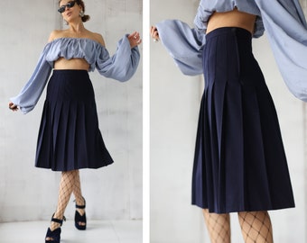 Italian Vintage navy blue wool pleated high waist over the knee length midi skirt S